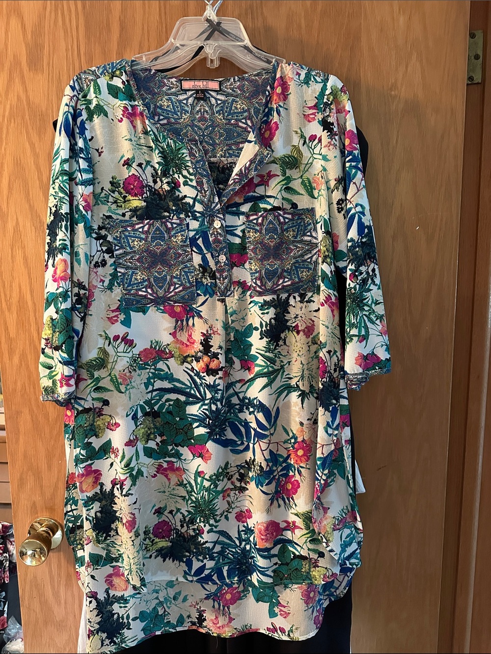 Floral Long-Sleeve Tunic Dress in Cream and Teal
